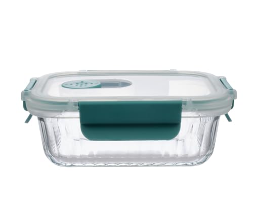 Image of STEGL 370ml Rectangle Glass Food Storage Container with Vented Cool Lock Lid | Airtight Meal Prep Box with Smart Slip-Vent | Microwave & Fridge Safe Kitchen Container with Embossed Design