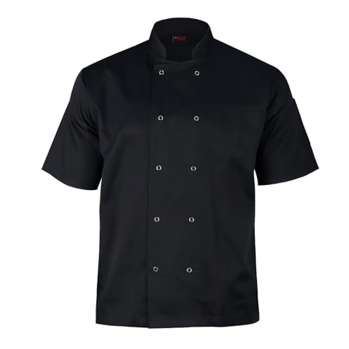 P-H Chef Jacket Short Sleeve Unisex Black and White Visible Button (Black L)