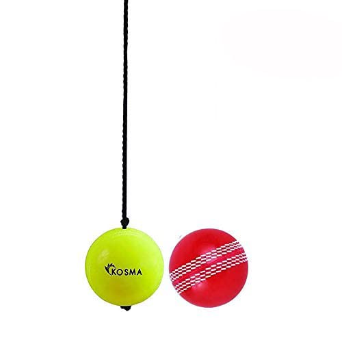 KosmaSet of 2 Pc Cricket ball Set - Hanging Ball For Cricket Practice With Reaction String in Flourecent Yellow colour & Wind Ball Red