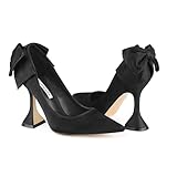 Zzheels Women's Bow High Heels Closed Toe Heels with Bow Chunky Heels Bridal Wedding Shoes Black Silk US7.5