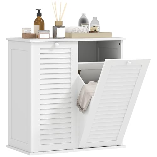 HOMCOM Meuble Salle de Bain avec Panier à Linge, Armoire Salle de Bain en Bois avec Portes persiennes et 2 paniers, Corbeille à Linge, pour Toilette,...