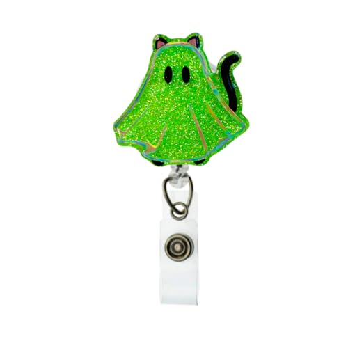 Ghost Cat Badge Reel – Halloween Glow in The DarkBadge Holder – Glitter Retractable ID Holder – Handmade Spooky Fall Gift - Teacher Lanyard - Nurse, Teacher, Office Accessory - Handmade Gift