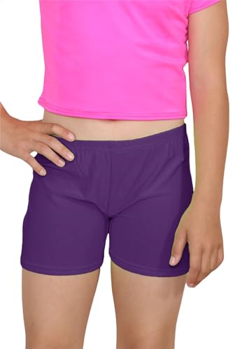 Pantalones cortos de gimnasia para niña elásticos en negro y morado neón vibrante