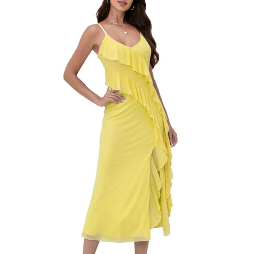 Image of Women's Spaghetti Strap Ruffle Side Split Long Dress Bodycon Beach Maxi Dresses