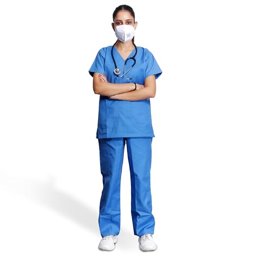 Image of Medical Scrub Suit For Women - Sky Blue (Extra Small) | Poly Viscose Fabric | Ultimate Comfort and Breathability | Elasticated Waist | Multiple Pockets | V-Neck