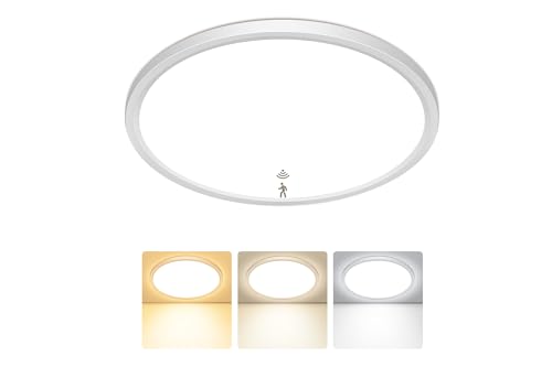 Oumida Plafoniera LED Soffitto con Sensore di Movimento, 3000K/4000K/6500K 18W Lampadario con Sensore Radar, 1800LM IP44 Plafoniera LED Soffitto per Corridoio, Scale, Garage, Balcone (22cm)