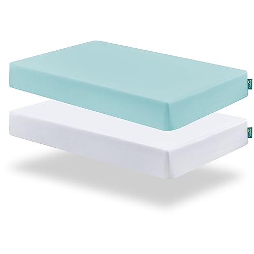 Biloban Crib Fitted Sheets for Standard Crib Mattress, 2 in One Pack Ultra Soft Baby Sheets for Crib, Machine Washable, Microfiber, White & Aqua 2pack