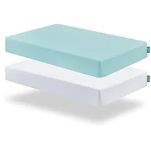 Biloban Pack and Play Sheets Fitted, 2 Pack Pack and Play Sheet Fits for Graco Pack n Play Mattress, Neutral Playard Sheets for Baby Boys and Girl, White & Aqua, 38”X 26”
