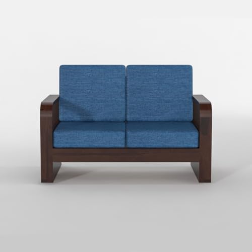 Image of Solid Sheesham Wooden 4 Seater Sofa Set for Living Room | Sofa Set with Side Pocket Storage & Cushion | Rosewood Sofa Set for Home (Walnut with Blue Cushion, 4 Seater)