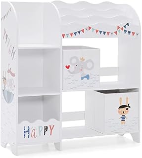 COSTWAY Kids Storage Unit, Toy and Book Organizer with 5 Shelves, 2 Boxes, 3 Slots, Multi-Functional Children Display Cabinet Bookshelf for Playroom, Bedroom, Living Room (Animals)