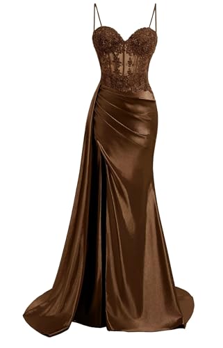 Lace Prom Dresses 2026 2026 Long Satin Split Brown Spaghetti Strap Sweetheart Prom Party Gown...