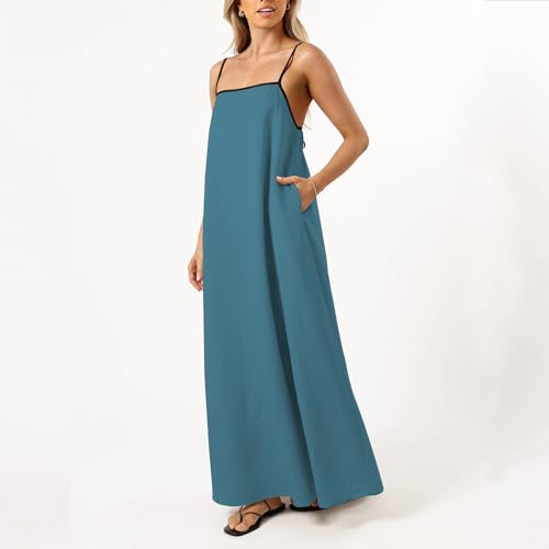 Image of Senllen Women's Linen Dress Summer Loose Flowy Sundress Contrast Spaghetti Strap Sleeveless Backless Beach Maxi Long Dresses