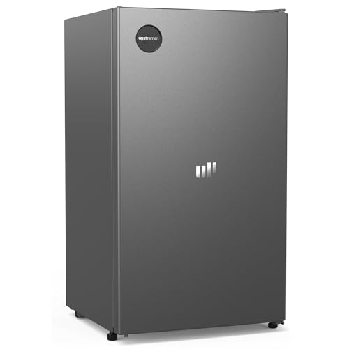 Upstreman 91 Litros Nevera Pequeña Acero Inoxidable, Mini Nevera sin Congelador,luz LED Interior, 2 Estantes, 3 Balconeras, Frigorifico Para Hogar, Oficina, Gris Oscuro,CR91