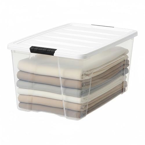 Image of IRIS USA 72 Qt Stackable Storage Bins with Lids, 4 Pack, Clear Plastic | Made in USA with secure latching handles for closet organization, toys, crafts, office supplies, and seasonal storage.