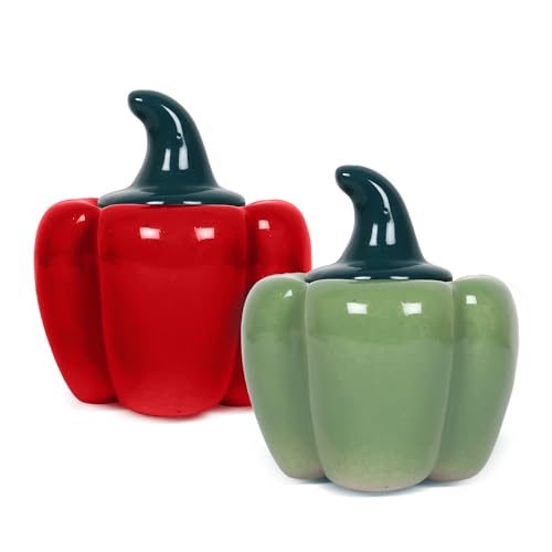 Image of QIMACPLUS Ceramic Capsicum Decorative Pickle Jar| Food Storage Jar | Multipurpose aachar, masala Jar For kitchen and Dining table 500 ML set of 2 Green and Pink