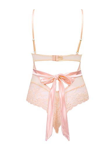Joyaria Womens Peach Pink Lace Lingerie Bodysuit One Piece Teddy,Large - Image 3
