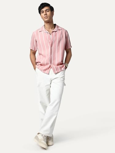 Image of Urbano Fashion Men's Cotton Half Sleeve Relaxed Fit Linen Striped Shirt with Cuban Collar
