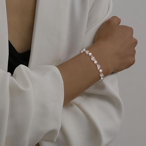 EleQueen Dainty Bridal Pearl Crystal Bracelet for Women, Charming Rhinestone Wedding Costume Party Bracelet for Bride Bridesmaid3