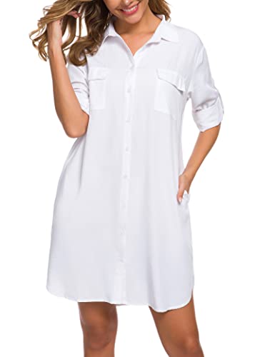 MANAIXUAN Women's Shirt Dress V Neck Long Sleeve Loose Casual with Pockets Front Button2