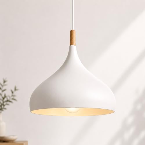 Suspension moderne métal blanc abat-jour de plafond de haute finition avec détails en bois E27