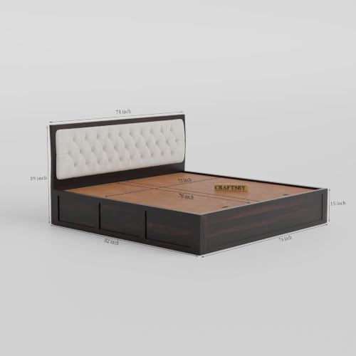 Image of Solid Sheesham Wood King Size Bed with Box Storage | White Upholstered Cushion Headboard | Wooden Double Bed for Bedroom | Palang /Cot /Mancham, Walnut Finish