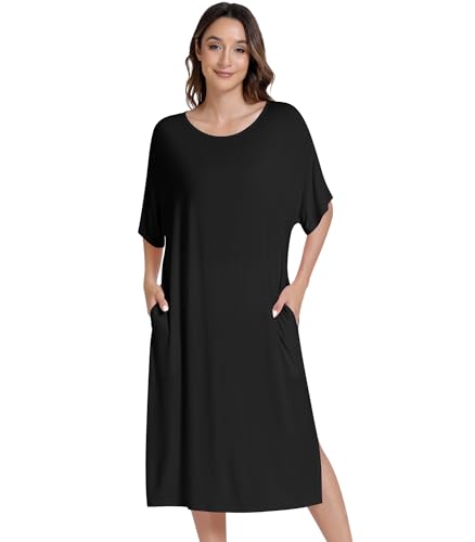 Image of NACHILA Women's Nightgowns-Viscose Made from Bamboo, Soft Sleepshirts Half Sleeve Nightshirt Cool Sleepdress with Pockets