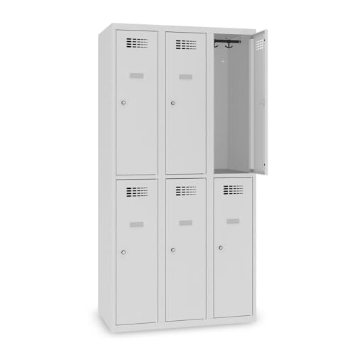 Steinbock Spind | 6 Fächer | HxBxT 180 x 90 x 50 cm | Zylinderschloss mit Schlüssel | Lichtgrau | Metallspind inkl. Kleiderstange, Kleiderhaken, Namensschild | Schließfachschrank