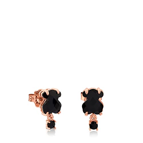 TOUS Pendientes con Baño de Oro 18Kt sobre Plata para Mujer con Motivo Oso 0,9 cm Onix y Perla Cultivada Espinela, Fino y Elegante, Colección Erma