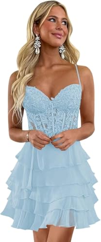 Chiffon Homecoming Dresses with Lace Applique Corset Short Tiered Prom Dress for Teens Mini Formal Cocktail Gown