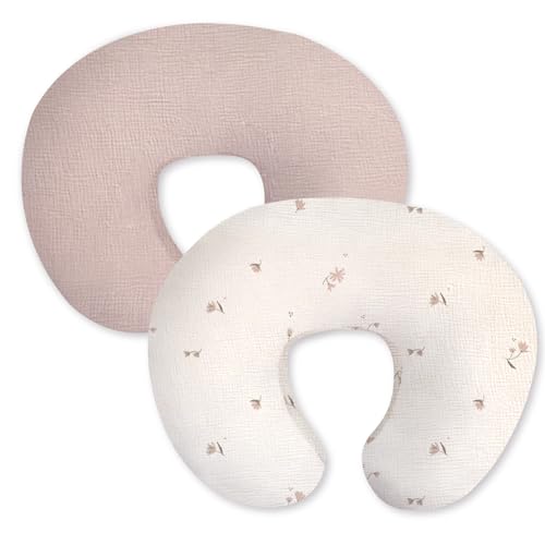 Image of Little Grape Land Muslin Nursing Pillow Covers 2 Pack, 100% Cotton Removable Breastfeeding Pillow Covers, Feeding Pillow Slipcovers for Baby Boys & Girls, (Fog Flower & Rosy)