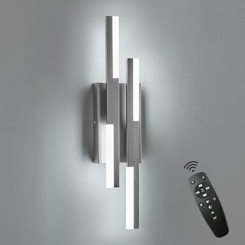 Image of Benkut Modern LED Wall Sconce Silver Remote Wall Light Fixtures for Bathroom, Dimmable Vanity Light Indoor LED Remote Wall Sconce for Bedside Bedroom Living Dining Room (1 Pack 3000-6500K 19.7inch)