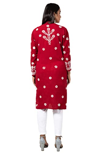Image of FAWOMENT Women's Hand Embroidered Exclusive Rayon Kurta with Fine Lucknowi Chikankari Kurta Front Open Rose Kurta Women and Girl