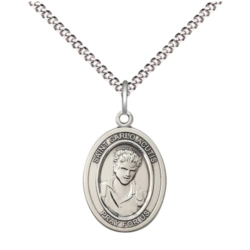 Medium Women's Sterling Silver Saint Carlo Acutis Oval Medal Pendant with 18