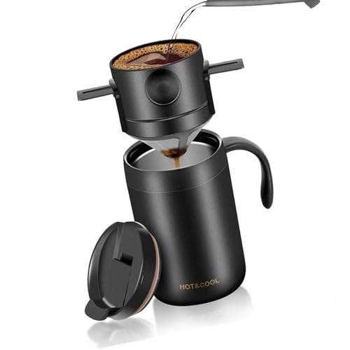Qusinfc Prensas francesas multiusos de acero inoxidable y taza aislada, termos de café caliente para bebidas frías y calientes en viajes, taza de café portátil