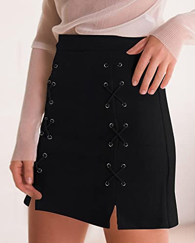 Image of MANGOPOP Women's Classic High Waist Lace Up Bodycon Faux Suede A Line Mini Pencil Skirt, A01 Black, X-Small