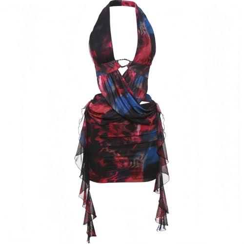 Image of Women's Sexy Open Back Floral Tropical Vacation Dress Crop Wrap Mesh Ruffle Mini Dress Beach Dresses