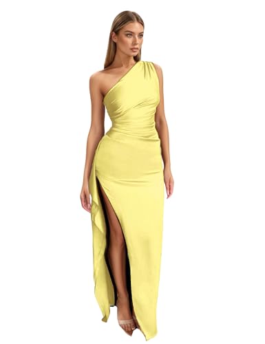 Image of Womens One Shoulder Ruched Side Satin Wedding Guest Dresses Adjustable Straps High Slit Backless Cocktail Maxi Dress