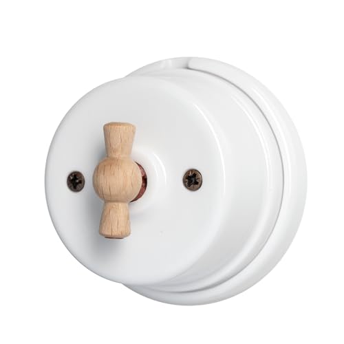 Interruttore/Deviatore in Porcellana Bianca con Comando Asola in Legno diametro 80mm, Facile Installazione – Design Vintage per Impianti Elettrici a Vista – Materiale Resistente e Sicuro