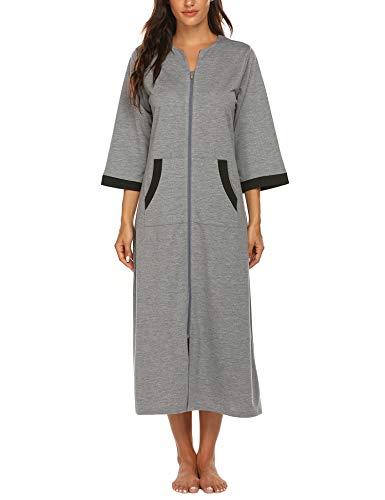 Image of Ekouaer Women Zipper Robe 3 /4 Sleeves Loungewear Dress Full Length Sleepwear Pockets Housecoat Nightgown Long Bathrobe