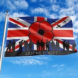 Poppy Lest We Forget Flags 5ft x 3ft Remembrance Day Decorations 100D Polyester Duplex Printing Garden Flag with Vivid Color for Heroes Soldiers, Outdoors Street Garden Decor