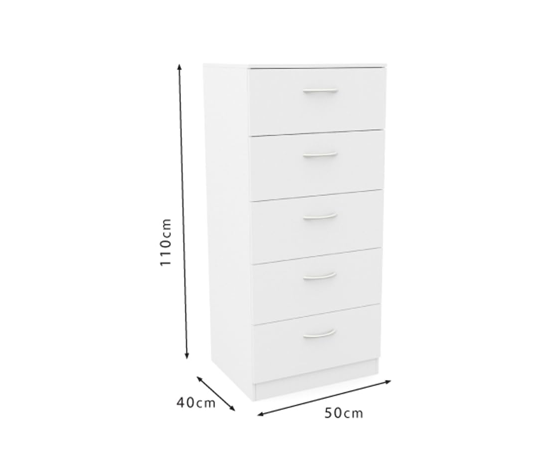 DORMIDAN- Sinfonier 5 cajones guías metálicas, cómoda Dormitorio, Altura 110cm. (Roble cajones Blanco)