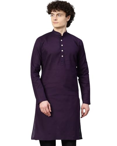 Image of Majestic Man Men's Cotton Regular Fit Casual Mandarin Collar Ethnic Motifs Solid Long Kurta