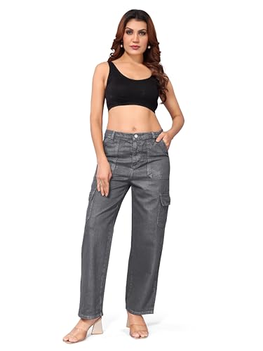 Image of ELLITI Women's 6 Pocket Regular Fit High Rise Relaxed /Boyfriend Fit, Wide Leg, Bell Bottom, Pure Denim Ankle Length Jeans Pants