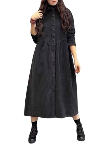 utcoco Womens Corduroy Button Down Shirt Dress Lapel Retro Long Jacket Trench Coat Outwear