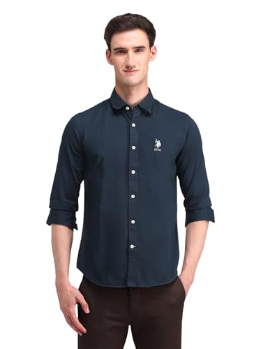 Image of U.S. Polo ASSN. Solid Slim Fit Shirts for Men - 100% Cotton, Full Sleeve Mens Casual Shirts