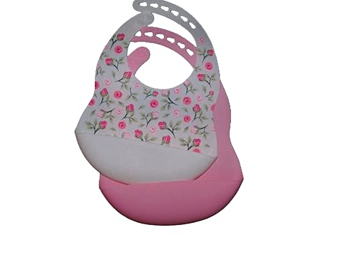Floral Print Baby Bib with Adjustable Closure, Pink and Marble with Pink Roses Pattern Bibs, Bowl and spoon included. 4 piece2