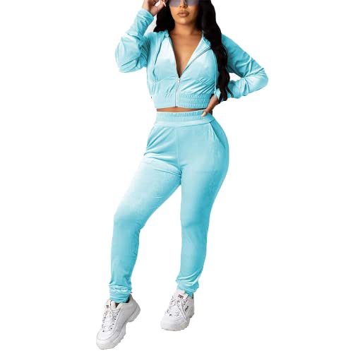 Pinsv 2 Piece Outfits Velour Tracksuit For Women Zip Up Hoodie Velvet Jogging Sweatsuit Workout Sets Solid Light Blue Xxl #TOP11