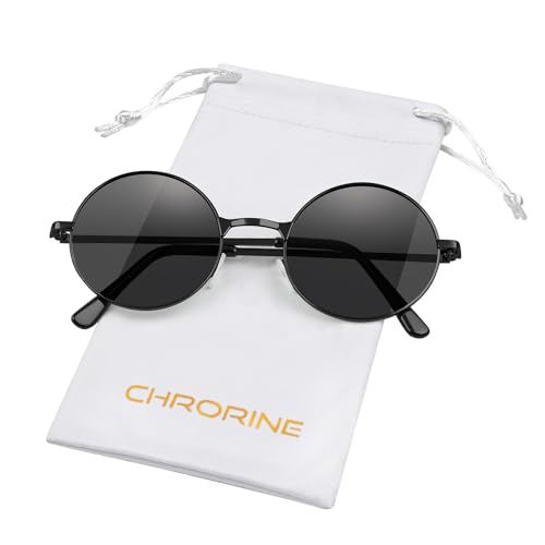 CHRORINE CHORINE Hippie Sonnenbrille Rund Retro Stil der 70er Jahre für Damen und Herren Party Accessoire Festival Mode Vintage Sonnenbrille (Schwarzes Gestell Schwarze Gläser)