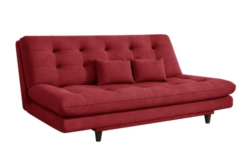 Image of 3-Seater Velvet Sofa Cum Bed | Tufted Convertible Sleeper Sofa | Plush Cushioned Seating | Space-Saving Design for Living Room, Bedroom & Office | Red