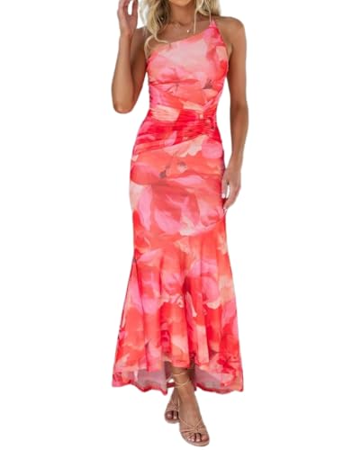 Robe longue moulante à une épaule pour femme - Corset froncé - Queue de poisson - Robe longue de soirée, Rouge, Taille S